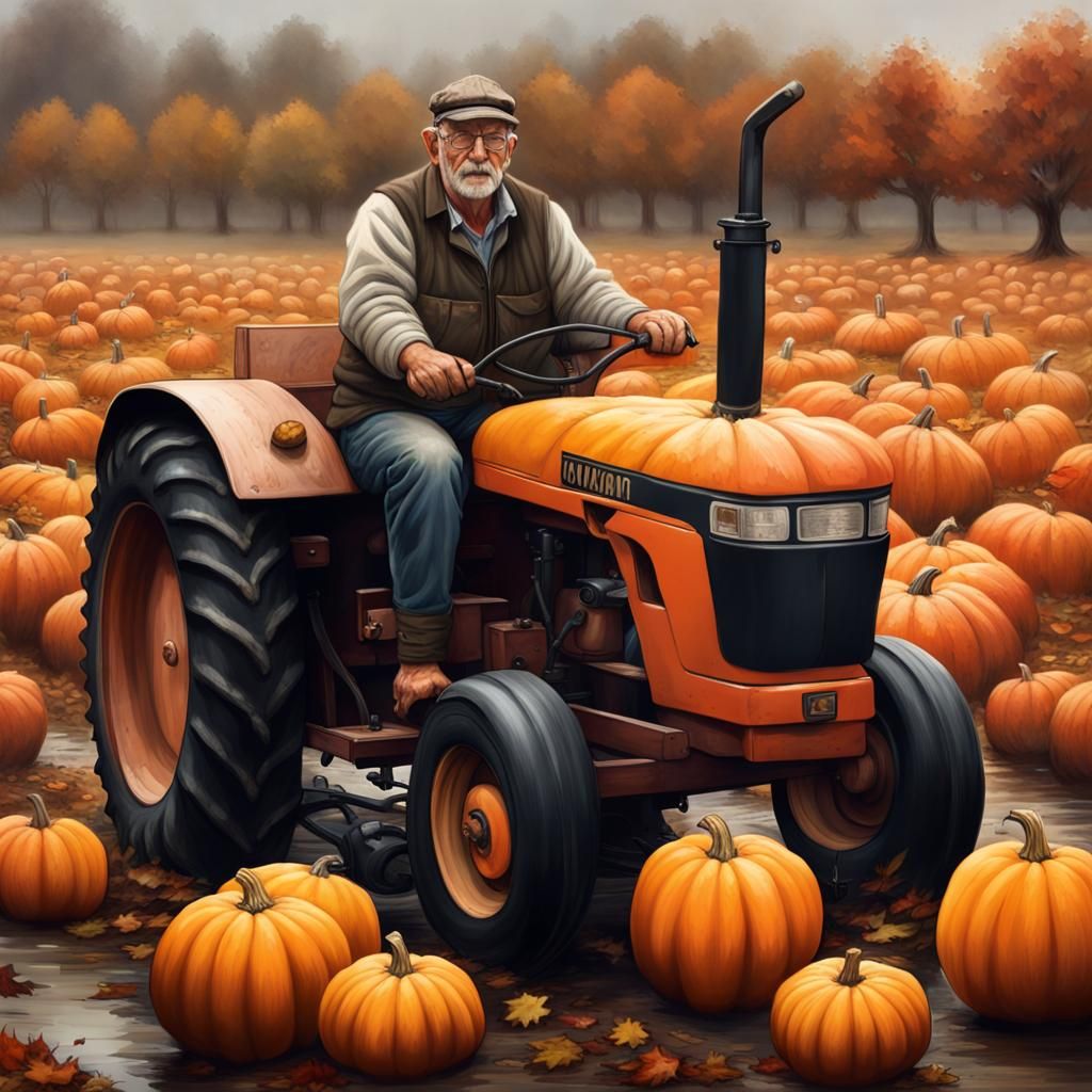 Autumn Harvest: Farmer and Pumpkin-Filled Tractor
