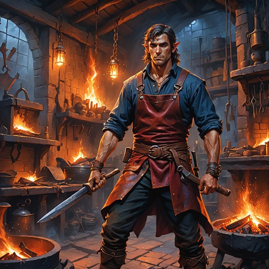 Half-Elf Blacksmith in Mystical Forge