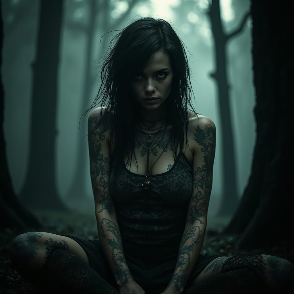 Mystical Tattooed Girl in Ominous Dark Forest