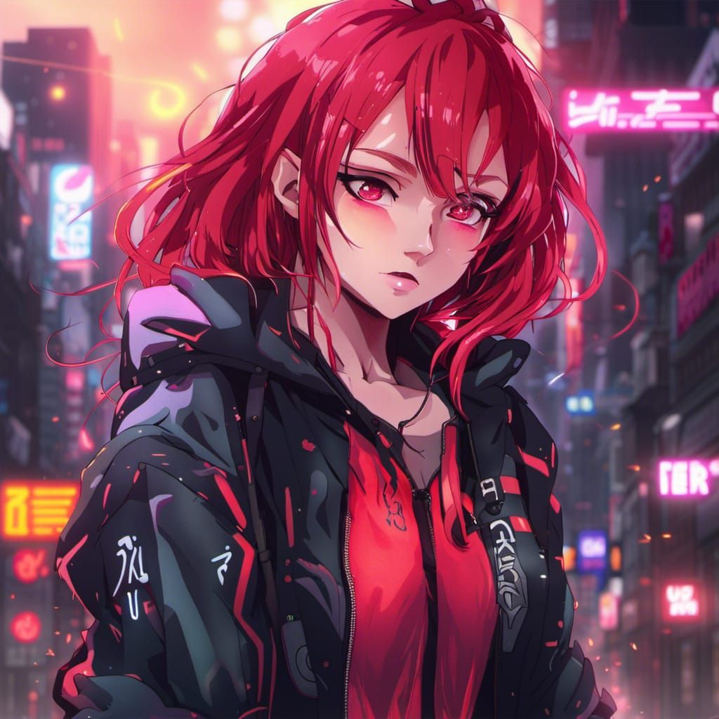 Cyberpunk Girl with Red Hair in Neon Style