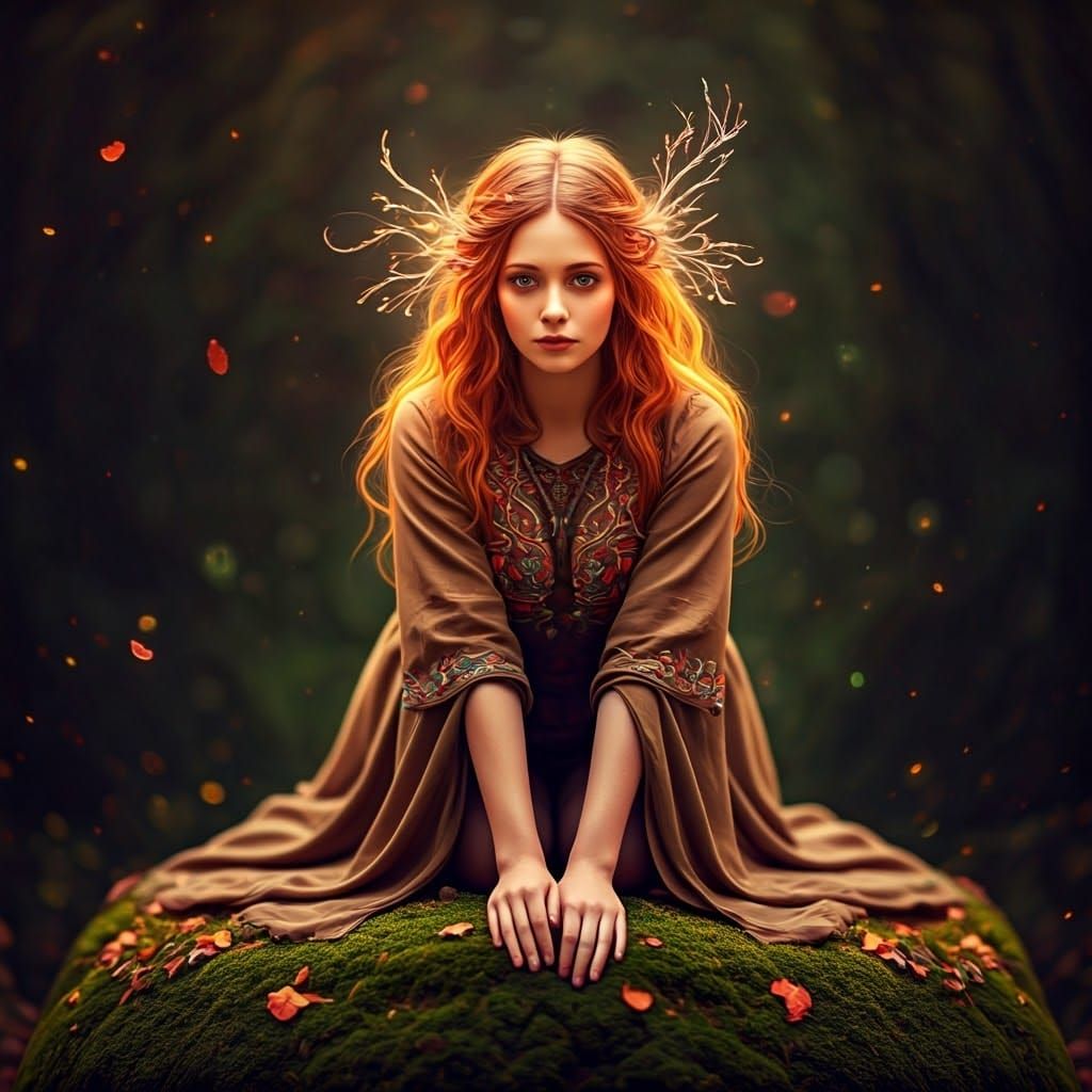 Ethereal Autumn Goddess Amidst Kaleidoscope of Leaves