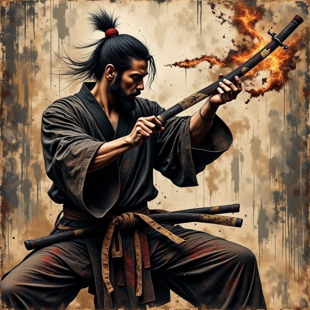 Martial Artist Master in Dark Oil Painting