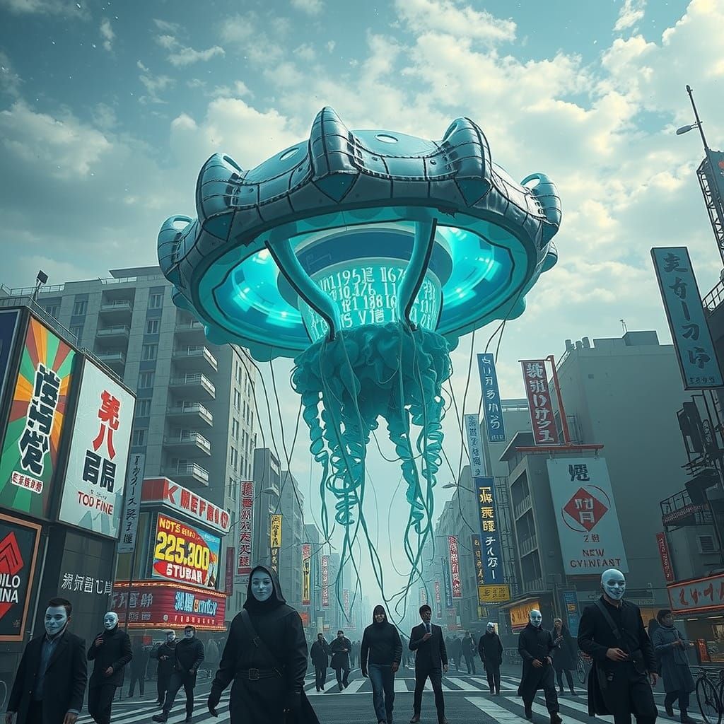 Alien Jellyfish Over Tokyo in Neon Futurism
