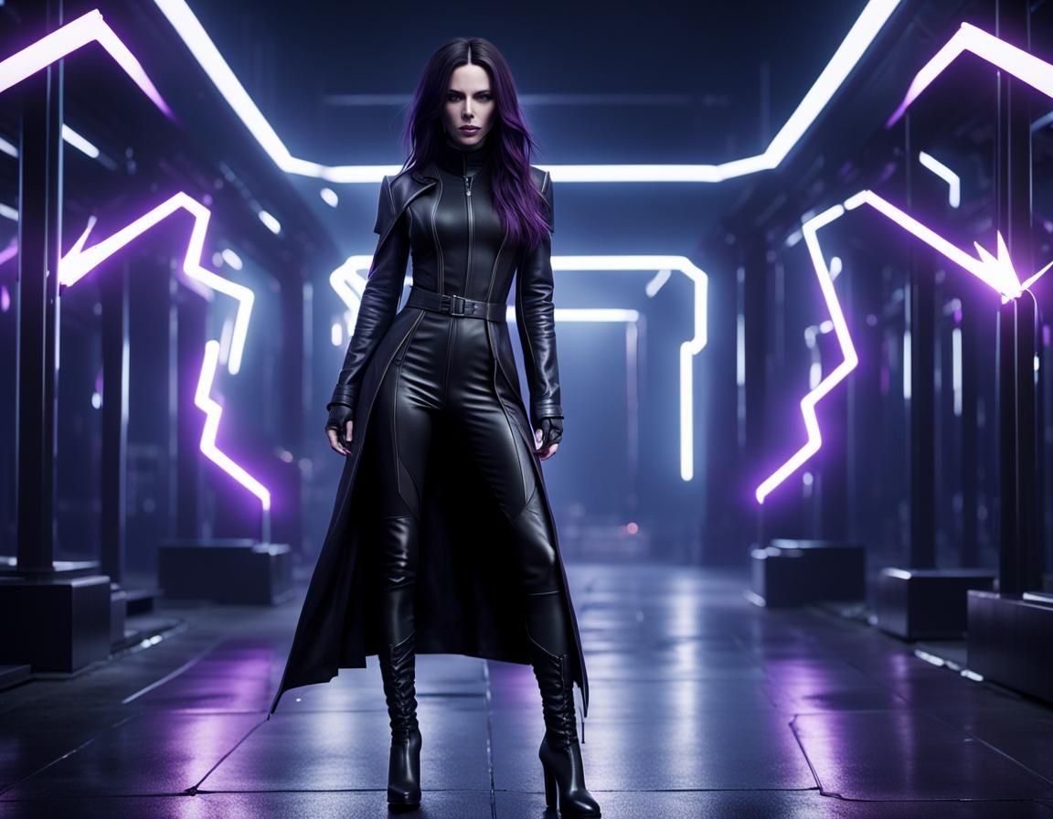 young girl, European, looks like Kate Beckinsale, tall, slim, black long hair, daring, sharp facial features, athletic, ...