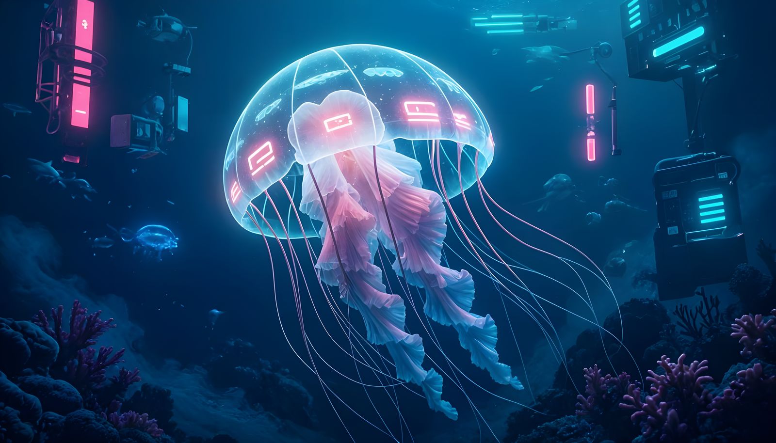 Cybernetic Jellyfish with LED Lights in Ocean