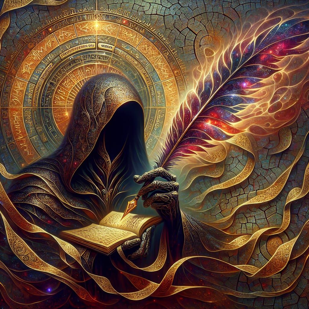 Surreal Scribe in Twilight, Carrying Starlight Quill in Cybe...