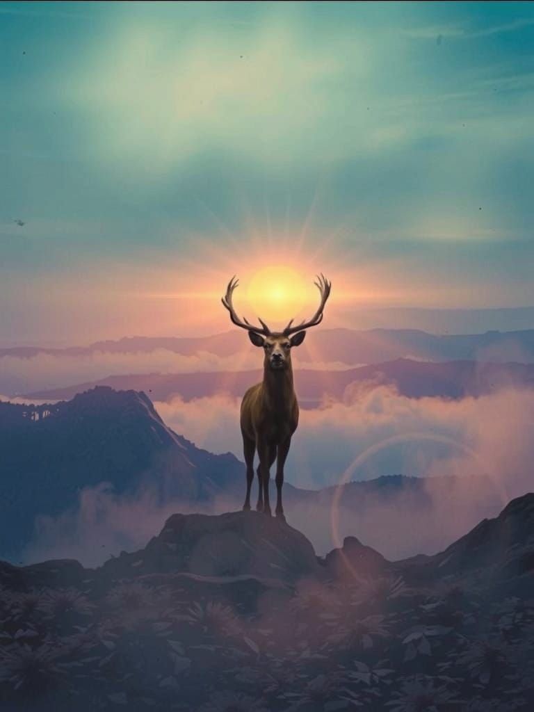 Majestic Stag in Ethereal Landscape with Sunlit Antlers