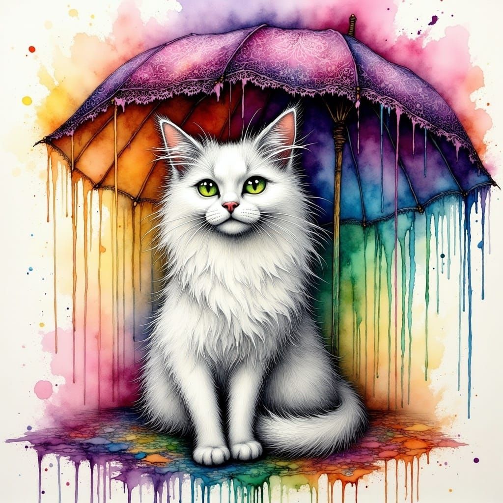 Whimsical Cat Under Vibrant Umbrella in Fantastical Scene