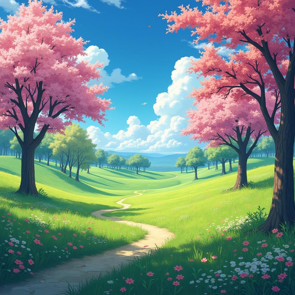 Ghibli-Inspired Landscape with Flowers and Rolling Hills