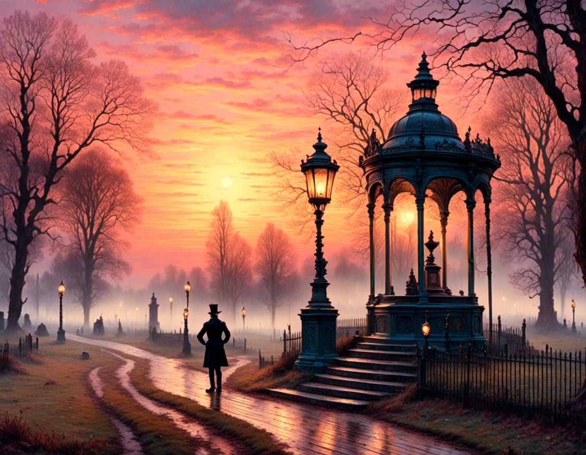 1890s Park Sunrise in Victorian Watercolor Style