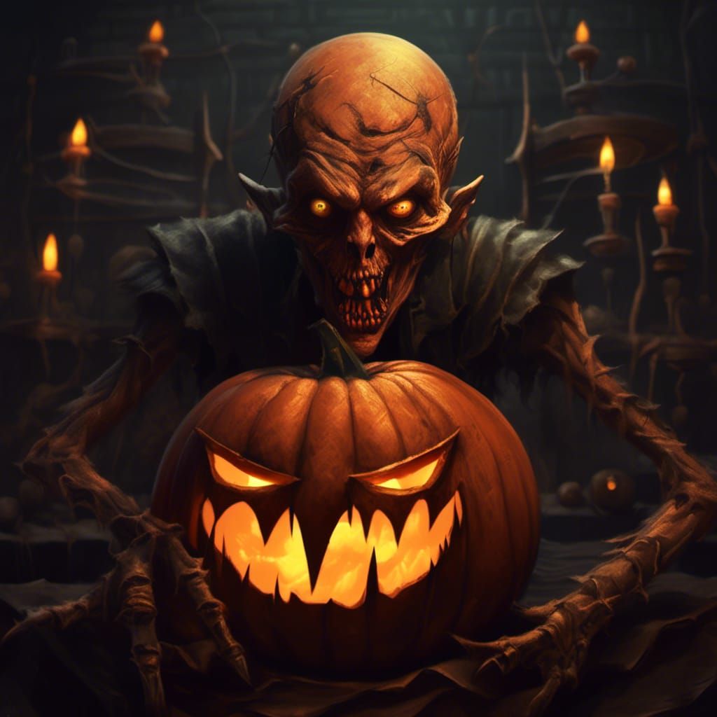 Eerie Undead Pumpkin Portrait with Spider Tattoos