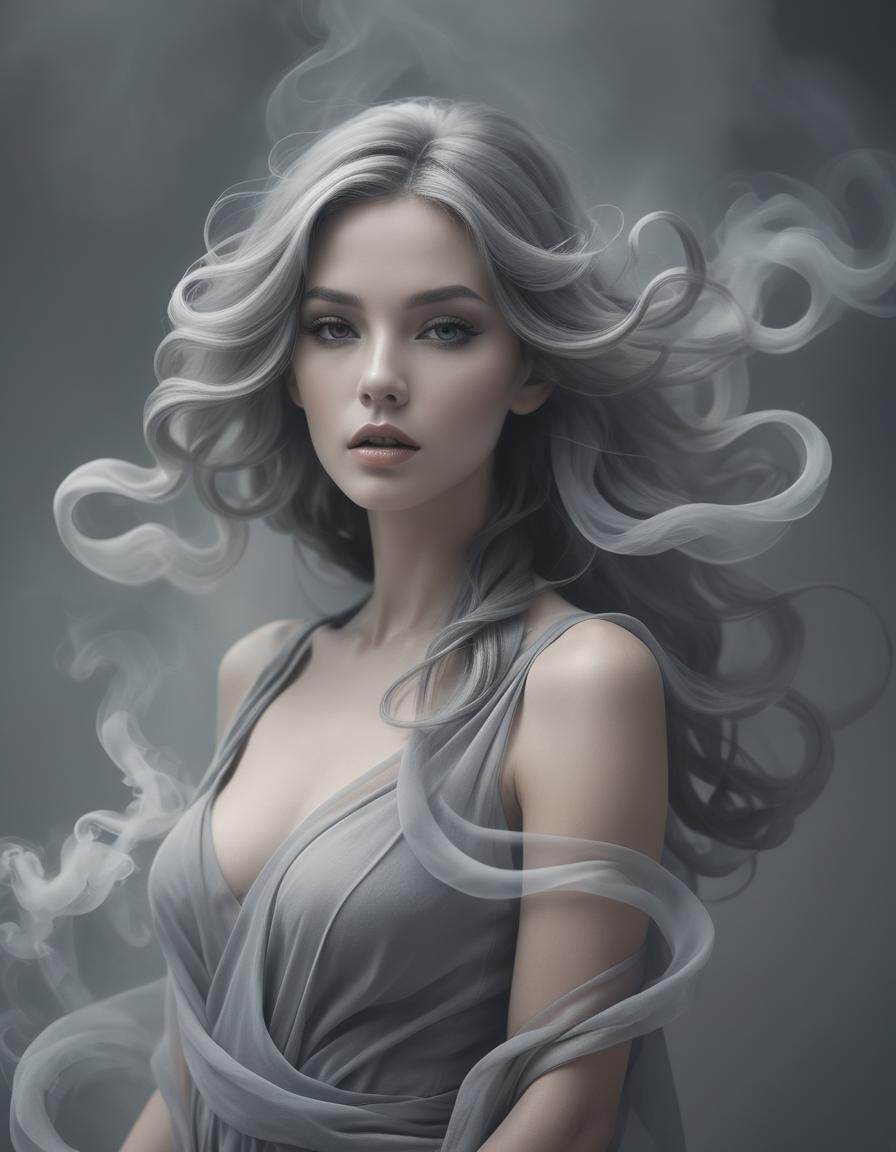 Ethereal Woman with Flowing Hair in Grayscale