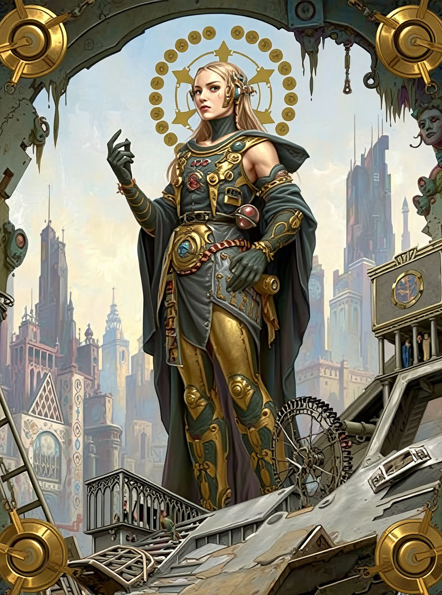 Mechanical Oracle Portrait in Crumbling Metropolis
