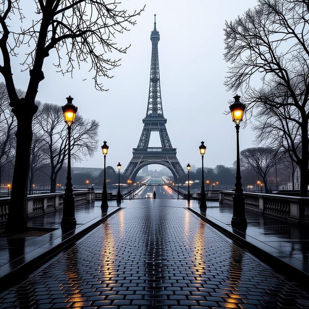 Misty Paris Street Leading to Eiffel Tower in Black and Whit...