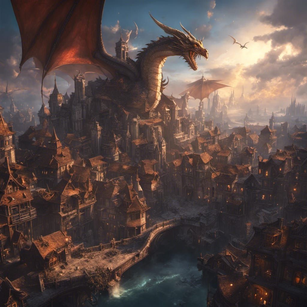 Fantasy Cityscape with Dragons: A Dark Masterpiece