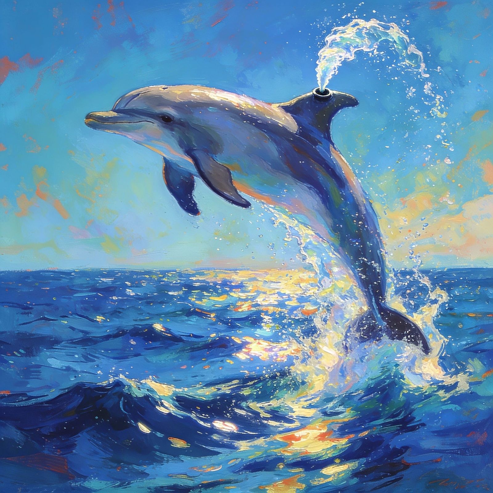 Dolphin Leaping From Ocean in Dynamic Digital Painting Style