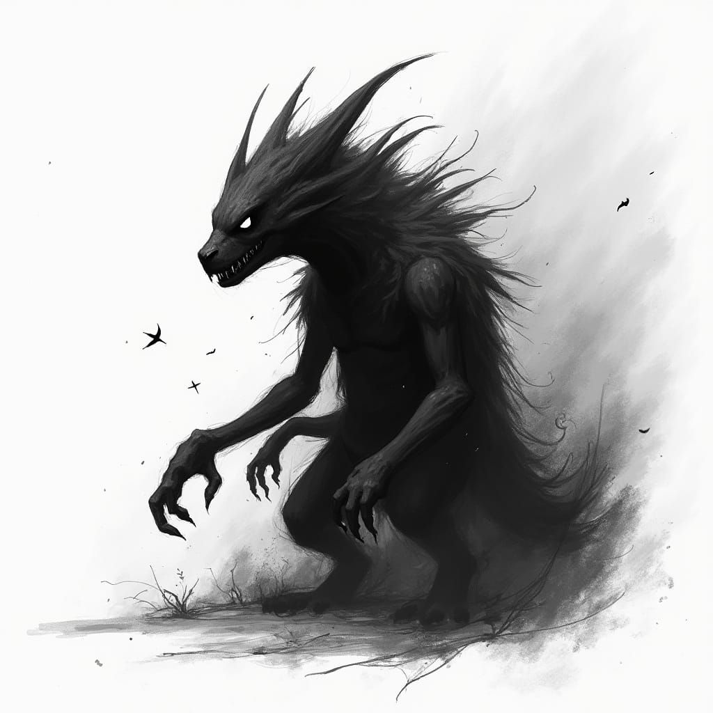 Mysterious, Pokémon-Inspired Creature in Monochromatic Sketc...
