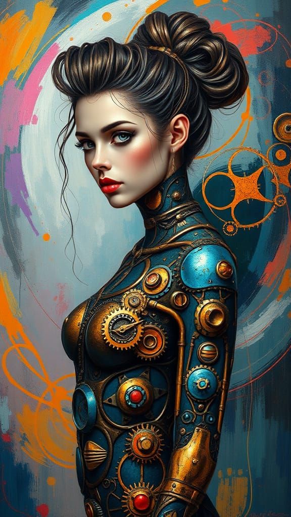 Steampunk Goddess Emerges from Abstract Oil Painting