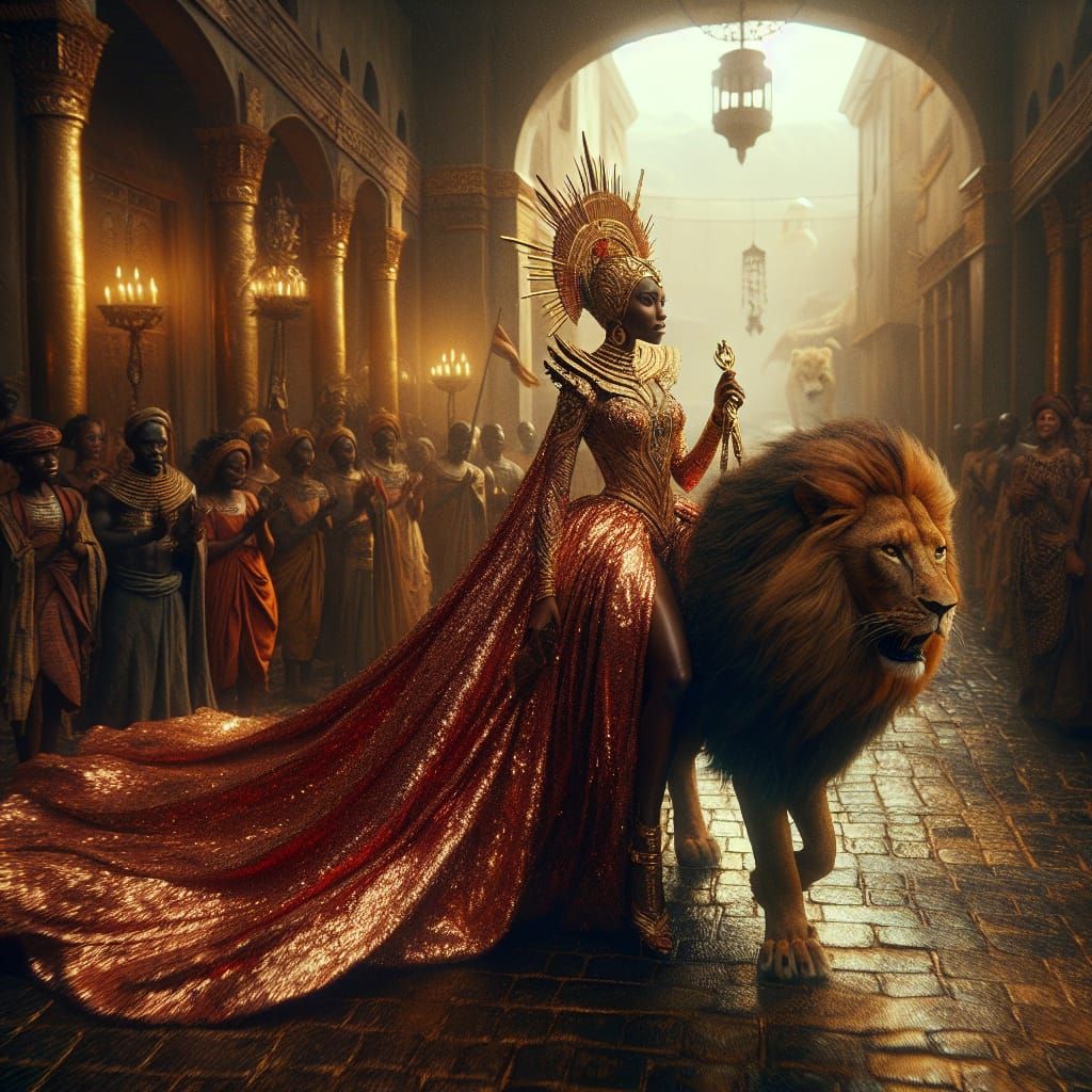 Nubian Queen Rides Lion Through City Streets