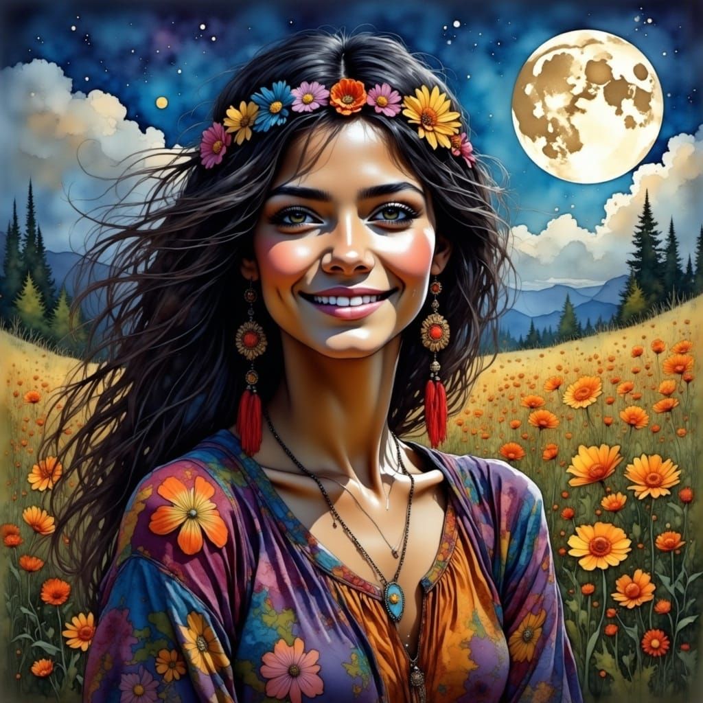 Hippy Woman in Flower Field Under Moon