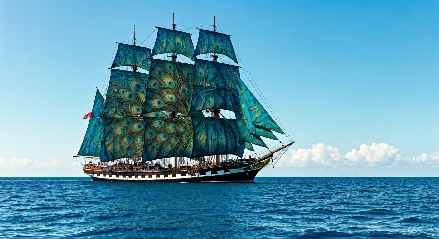 Majestic Sailing Ship with Peacock Figurehead in Vibrant Col...