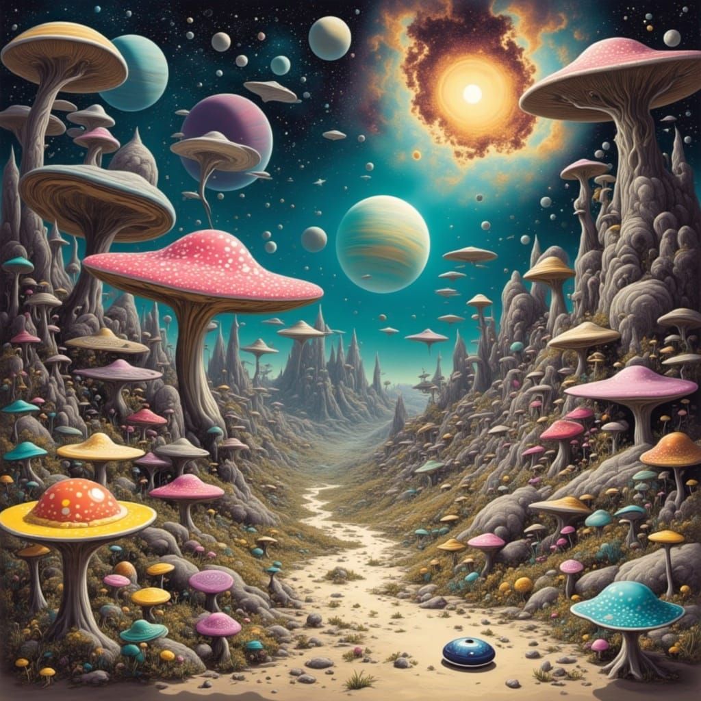 Surreal Alien World with Flying Saucers and Fungi