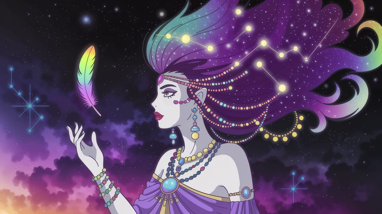 Cosmic Shamaness with Smoking Hair Among Stars