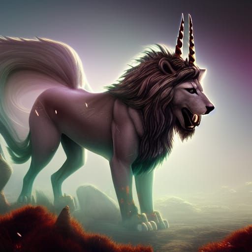 Fantasy Wolf, Lion, and Unicorn Detailed Painting