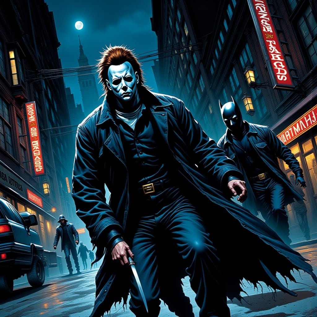 <lora:The  Halloween Shape:1.0> Michael Meyers chasing vs Ba...