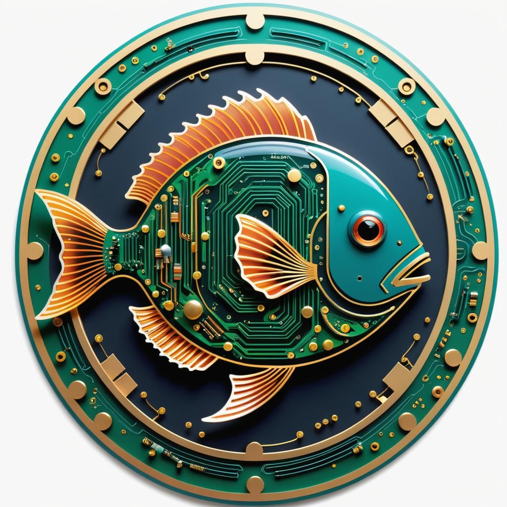 Minimalist Circuit Board Fish Logo in Astrological Circle