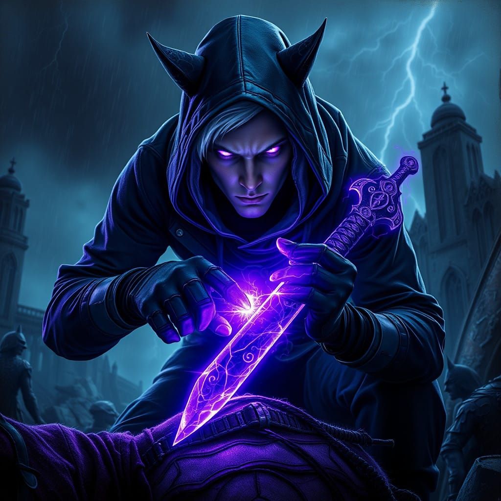 Dark Fantasy Soulknife with Glowing Eyes and Energy Daggers