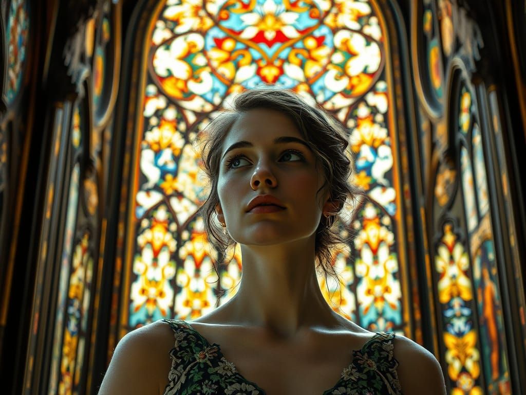 Ethereal Gothic Beauty in a Stained-Glass Church