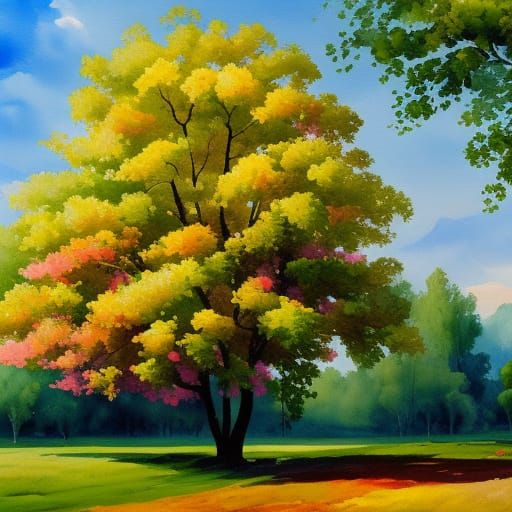 Gouache Style Tree in Impressionist Landscape