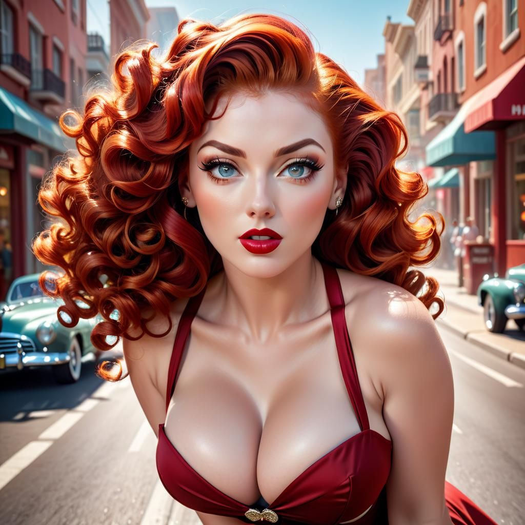 Attractive Redhead Pinup Portrait in Hyperrealistic Style