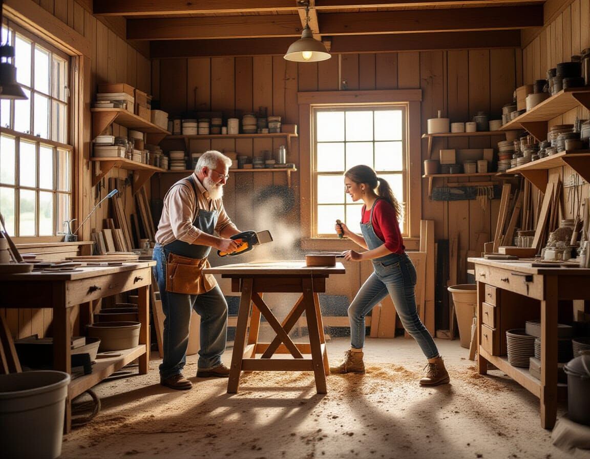 Father and Daughter in Chaotic Carpenter Shop