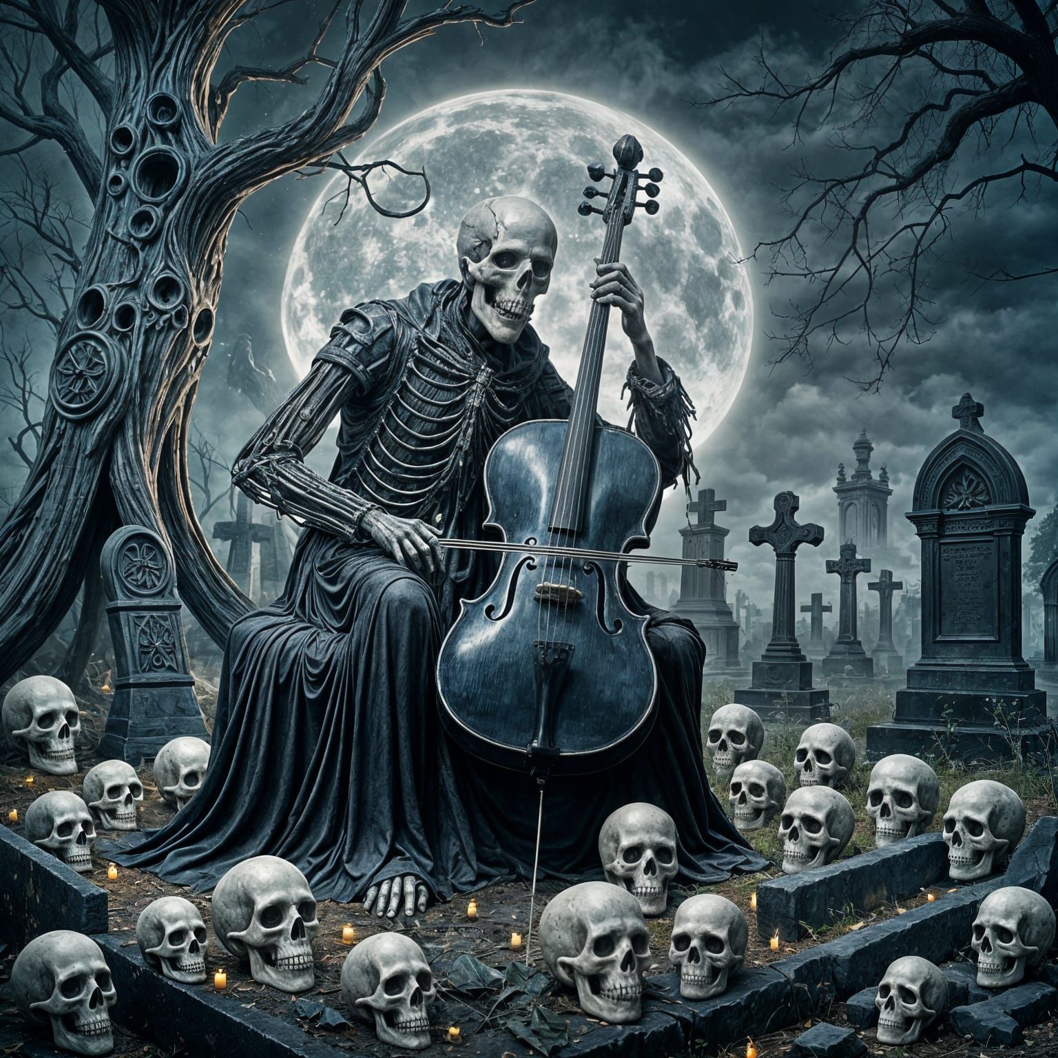 Death Plays Cello in Overgrown Cemetery Under Crescent Moon