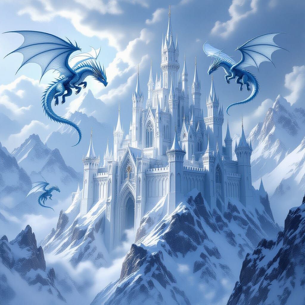 Majestic Ice Castle with Soaring Dragons in Dark Fantasy Sty...