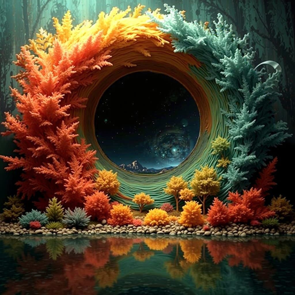 Lustrous Botanic Landscape with Gilded Leaves and Mountains