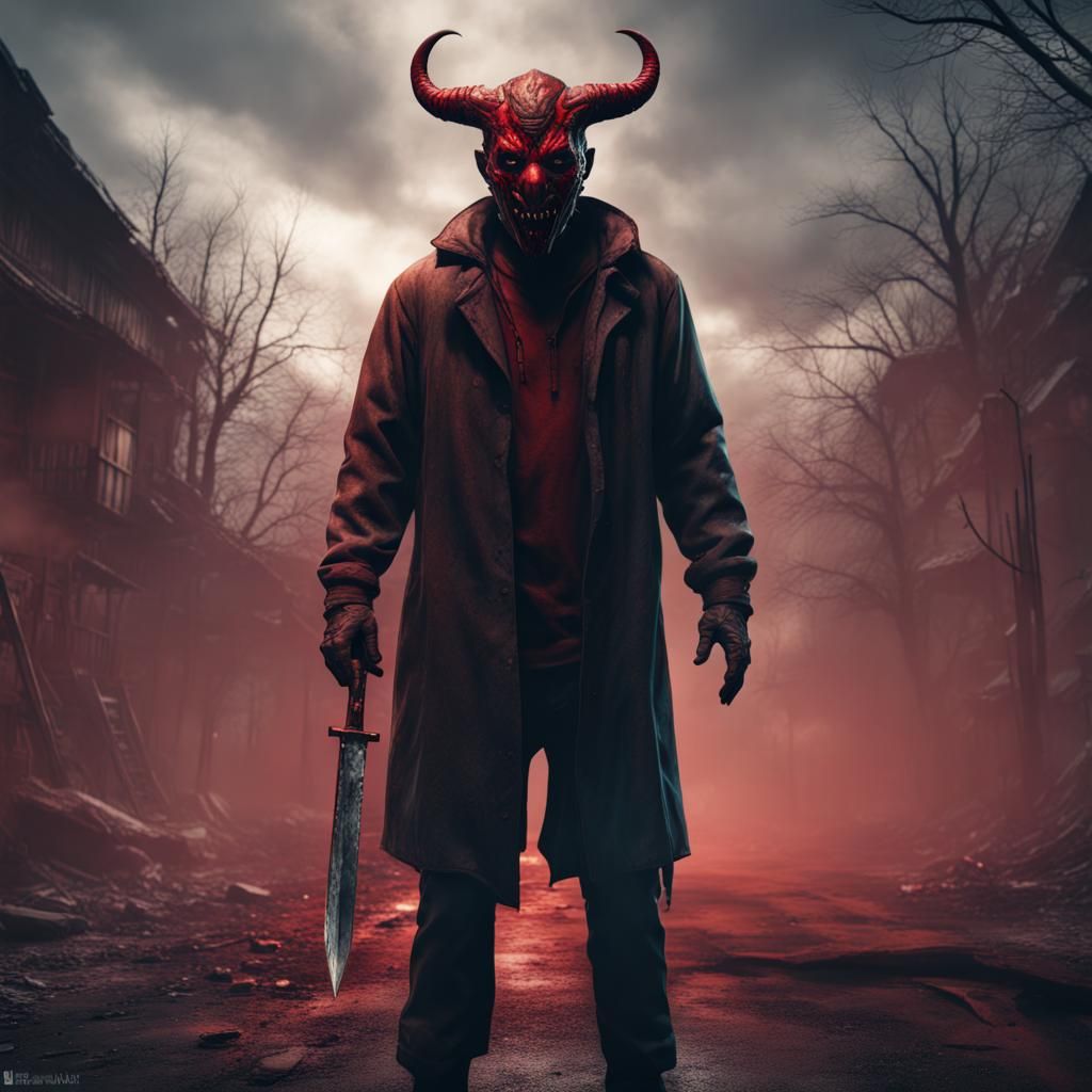 Demon Masked Killer in Detailed Matte Painting