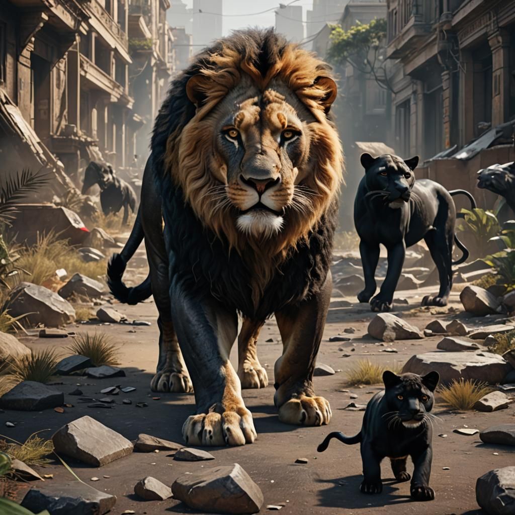 Lion and Panther in Cyberpunk Meltdown: 3D Render