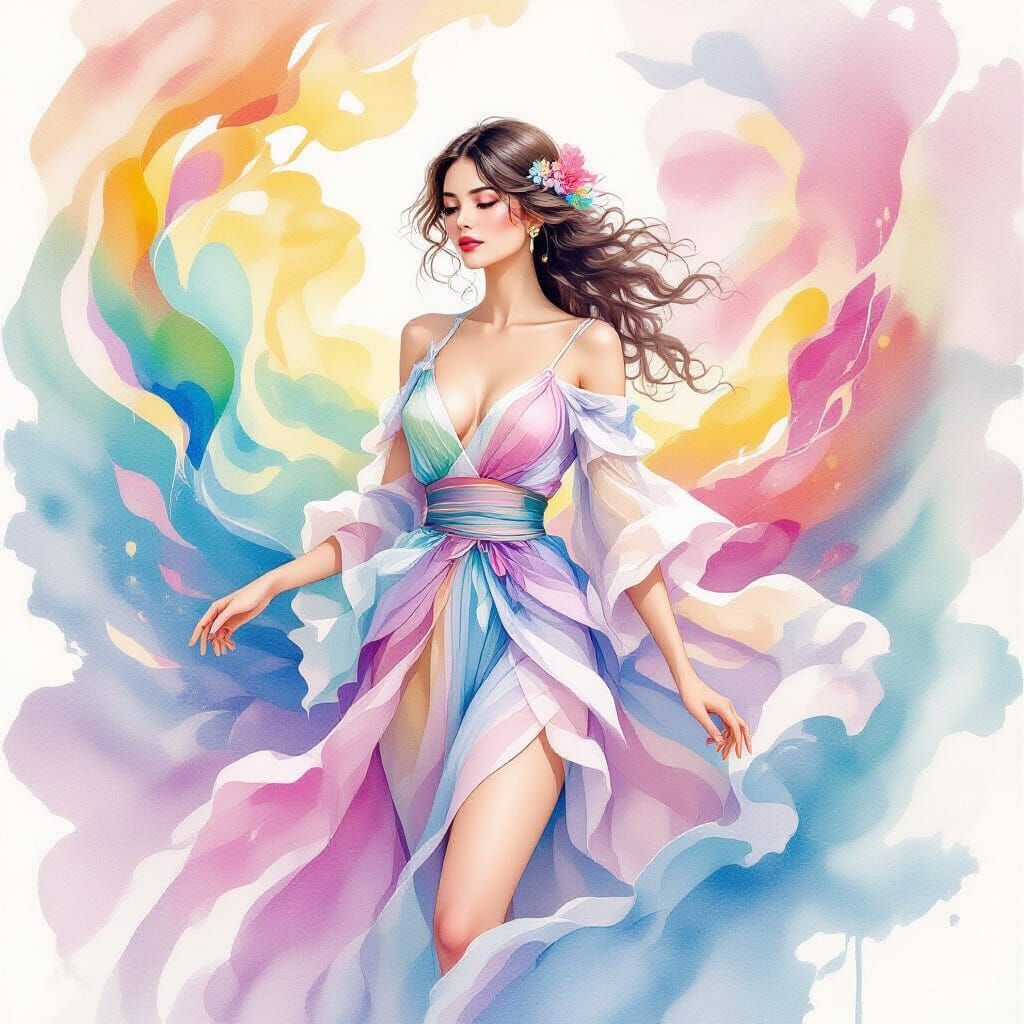 Dreamy Woman in Swirling Rainbow Watercolor Patterns