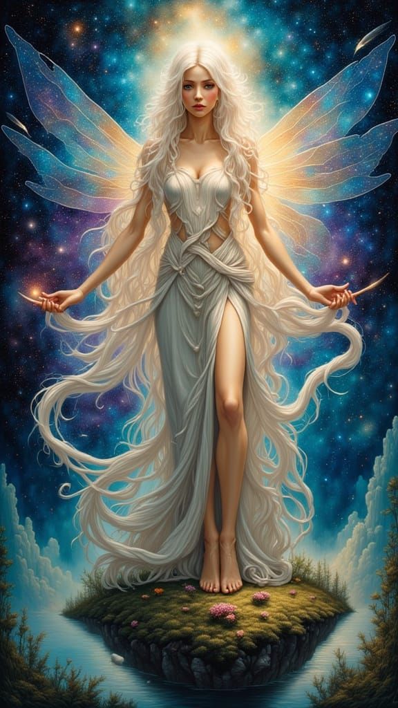 Majestic Goddess on Floating Island Overlooking Nebula