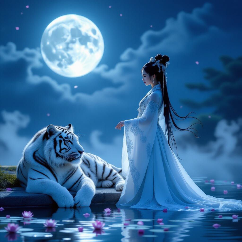 Moonlit Princess with White Tiger at Lotus Pond