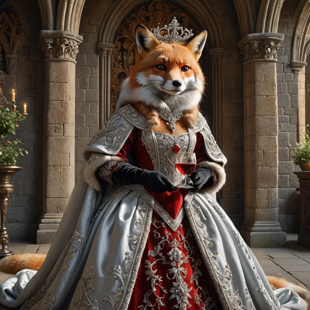 Fox in Gown at Underhill Abbey: Hyperrealistic Art