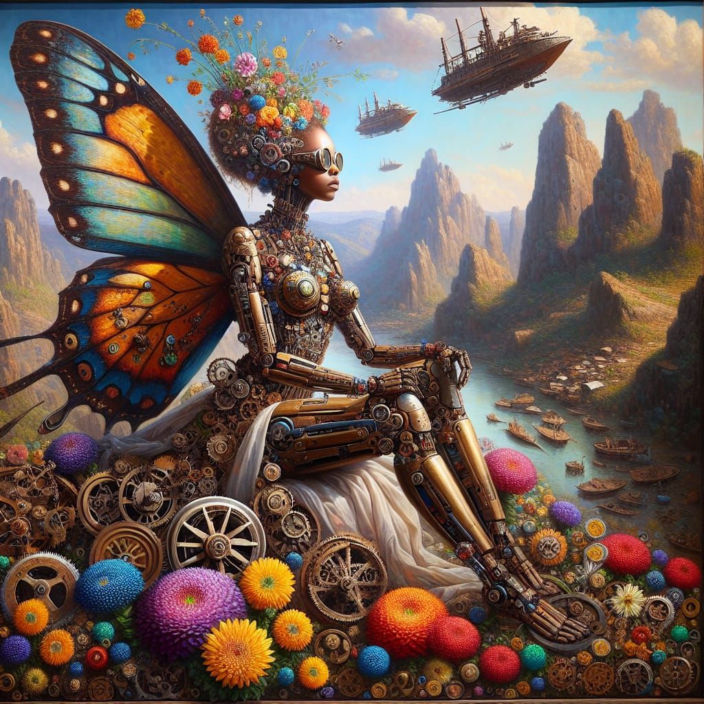 Steampunk Butterfly Woman Diorama in Oil on Canvas