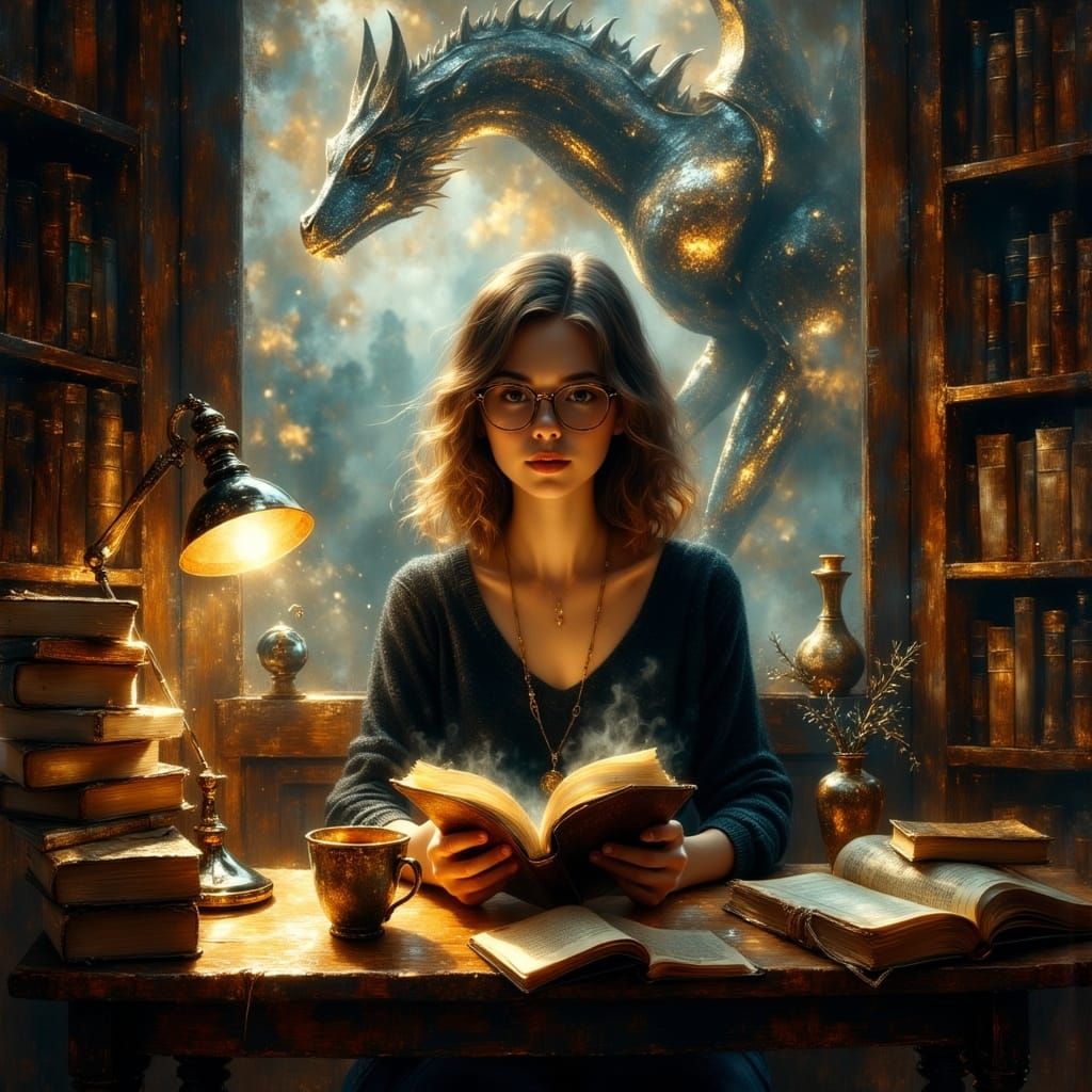 Cozy Study with Reading Woman and Dragon Knight