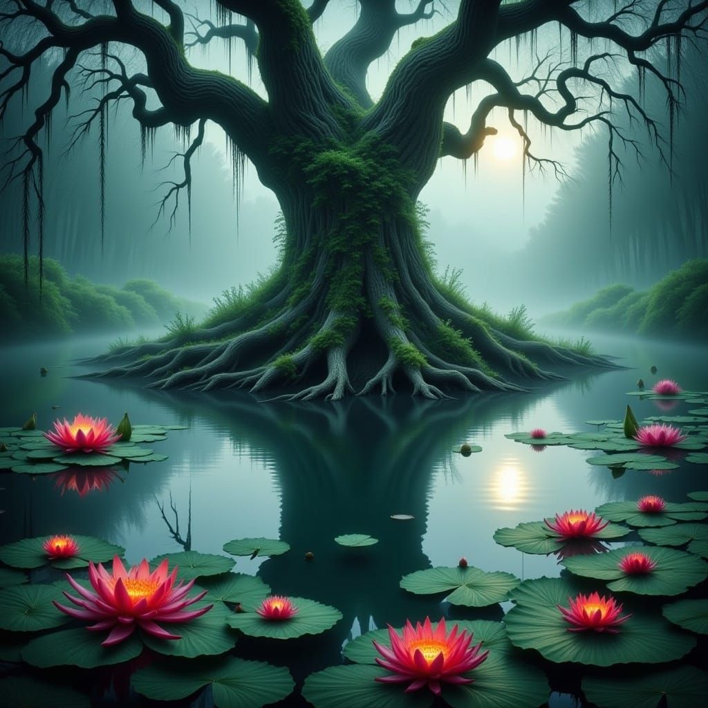 Mystical Swamp at Dawn with Ancient Tree