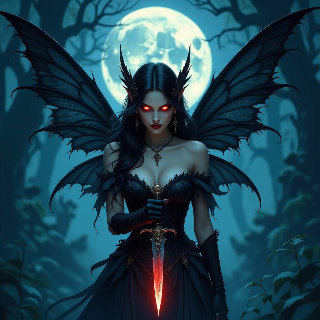 Gothic Dark Fairy with Dagger in Moonlit Forest