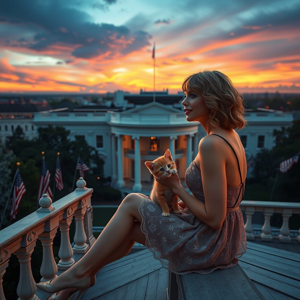 Taylor Swift Surrounded by American Flags and a Red Kitten o...