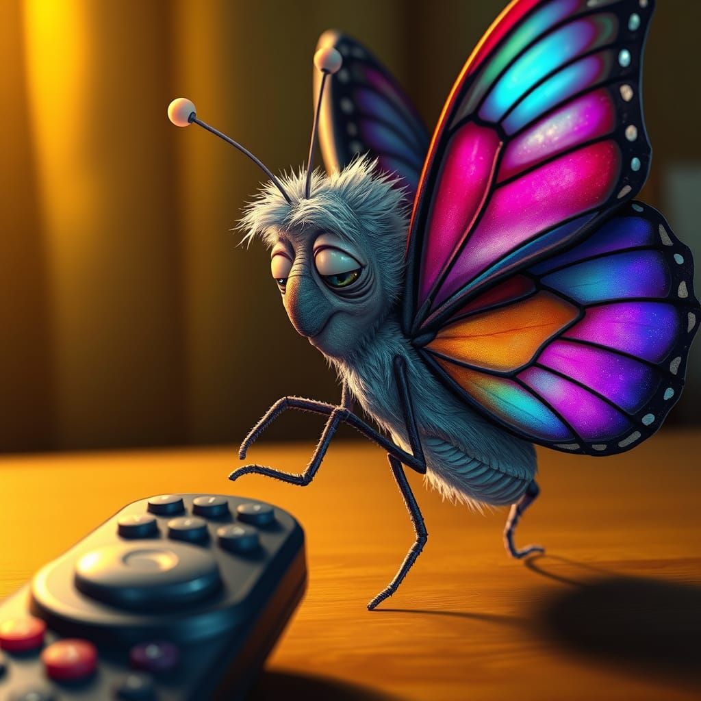 Confused Butterfly with Remote, Comic Book Art